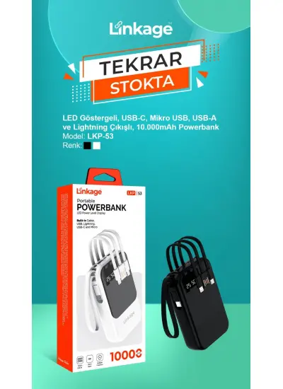 Linkage 10.000mAh USB-A Dahili Type-C Mikro Lightning Kablolu LCD Taşınabilir Powerbank