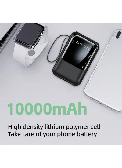 Linkage 10.000mAh USB-A Dahili Type-C Mikro Lightning Kablolu LCD Taşınabilir Powerbank