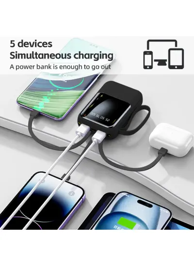 Linkage 10.000mAh USB-A Dahili Type-C Mikro Lightning Kablolu LCD Taşınabilir Powerbank