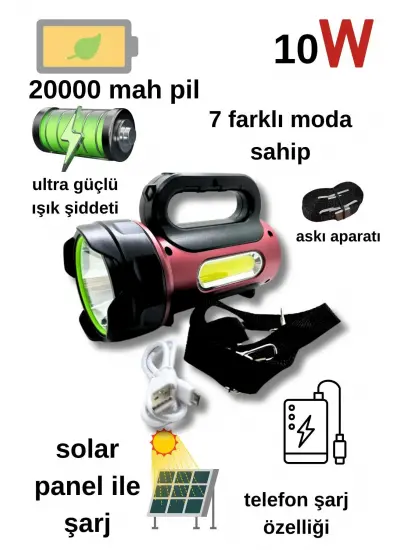 Gold Kama 10w Uzun Menzilli Solar Panelli Powerbank Usb Çıkış S.o.s Lu Ultra Güçlü Ledli Şarjlı Feneri