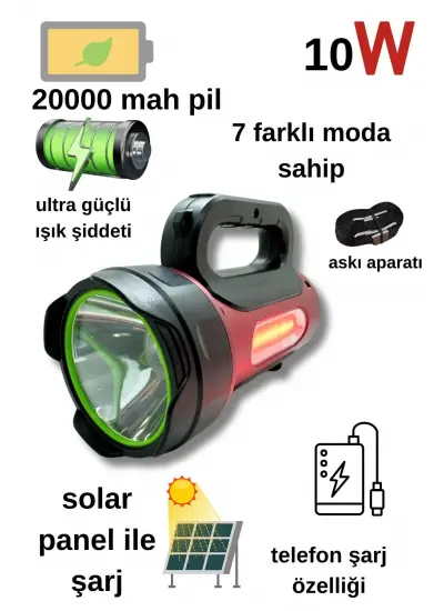 Gold Kama 10w Uzun Menzilli Solar Panelli Powerbank Usb Çıkış S.o.s Lu Ultra Güçlü Ledli Şarjlı Feneri