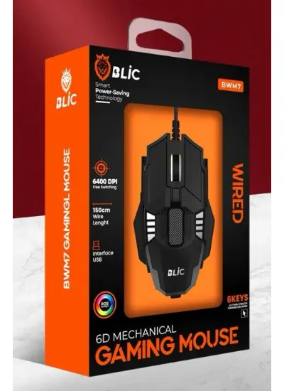 Blic USB Saklama Alanlı RGB Işıklı, 6400 DPI 1.5mt Kablolu Oyuncu Mouse Bmw7