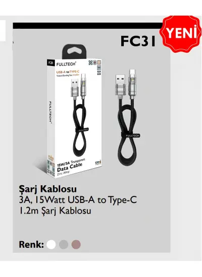 Fulltech FC31 3A, 15Watt USB-A to Type-C 1.2m Şarj Kablosu 