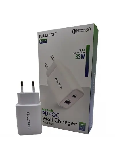 Fulltech PD Ev Şarj Aleti 3A/33W, Çift Portlu 1xUSB, 1xType-C Şarj Başlığı FC12