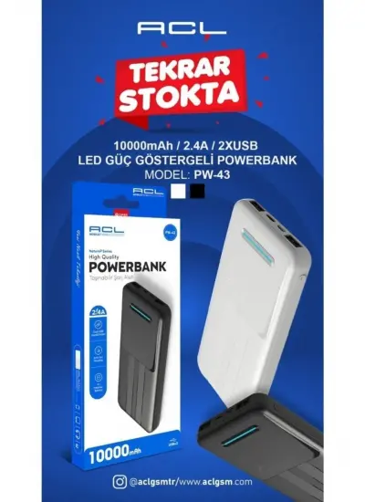 Acl PW-43 2XUSB,  2.4 Amper LED Aydınlatmalı Type-C, Mikro Giriş Powerbank