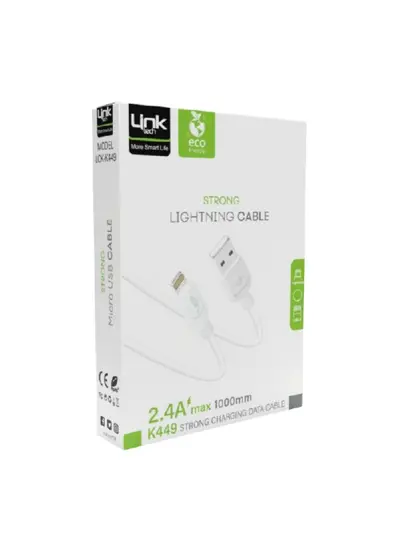 Linktech K449 Strong Lightning - USB Data/Şarj Kablosu 1mt 2.4A Beyaz