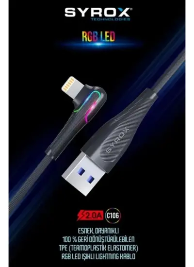 Syrox C106 2.0A RGB Led Işıklı Lightning Şarj & Data Kablosu