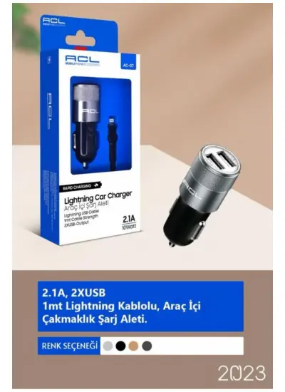 Acl AC-07 Power Classic Series Araç İçi Şarj Aleti Lightning Kablolu Araç İçi Şarj Cihazı