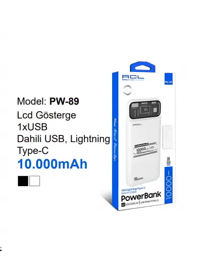 Acl PW-89 Lcd Gösterge 1xUSB  Dahili USB, Lightning Type-C 10,000mAh Powerbank