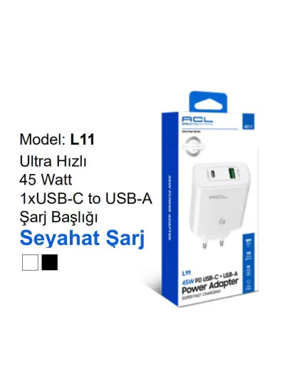 Acl Ac-1 L11 Ultra Hızlı 45Watt 1xUsb-c to Usb-a Şarj Başlığı Seyahat Şarj