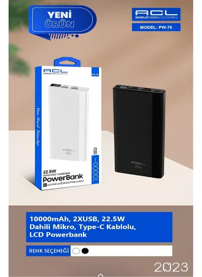 Acl Pw-76 10.000mAh 2XUsb 22.5W Lcd Gösterge Dahili Mikro Type-C Powerbank Güç Bankası