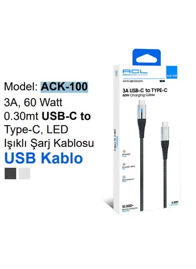 ACL Ack-100 3A, 60 Watt 0.30mt USB-C to Type-C Led Işıklı Şarj Kablosu Usb Kablo Uyumlu