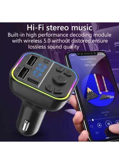 Acl Aft-12 Rgb Type-C Mikrofonlu Fm Transmitter Müzik Oynatıcı  Araç Kiti