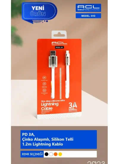 Acl 61D Pd 3A Çinko Alaşımlı Silikon Telli 1.2m Lightning Şarj Kablo Usb Kablo