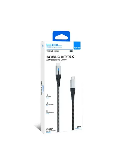 ACL Ack-100 3A, 60 Watt 0.30mt USB-C to Type-C Led Işıklı Şarj Kablosu Usb Kablo Uyumlu