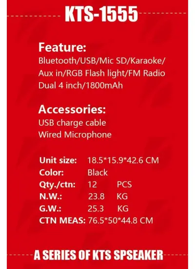 Kts-1555 Bluetooth/Usb/Sd Mikrofonlu Müzik Kutusu Kablosuz Bluetooth Hoparlör