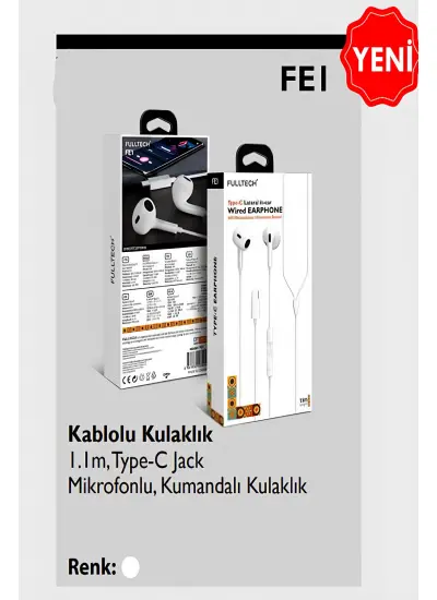 Fulltech Kablolu Kulaklık 1.1m, Type-C Jack Mikrofonlu, Kumandalı Kulaklık FE1