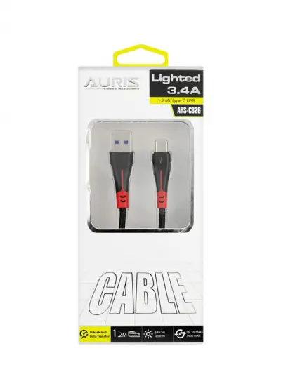 Auris Ars-cb26 3.4A Type-C 1.2m Işıklı Usb Şarj Data Kablosu