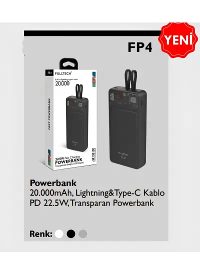 Fulltech 22.5w Fast Hızlı Şarjlı  20000mah Kapasiteli Type-c Ve Lightning  Powerbank