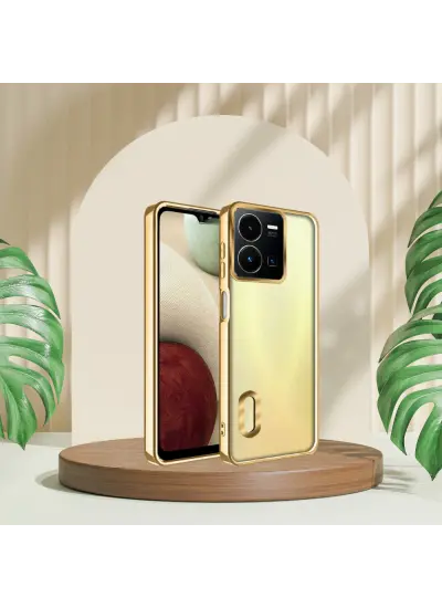 Vivo Y22 / Y22 S Uyumlu Yanları Renkli Lens Korumalı Logo Gösteren Mega Kılıf Gold