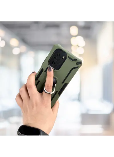 Xiaomi Poco F3 Yüzüklü Standlı Tank Kılıf  (Armor Mılıtary Case)  Koyu Yeşil