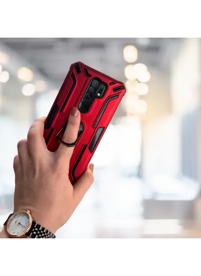 Xiaomi Redmi 9 Yüzüklü Standlı Tank Kılıf  (Armor Mılıtary Case)  Kırmızı