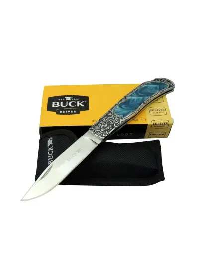 Buck Knives Bk-009Bl Mavi Kamp Çakı 23 Cm - Sedef &Amp; Metal Saplı, Kılıflı, Kutulu