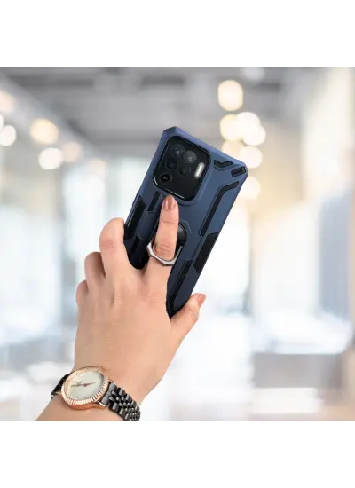 Oppo Reno 5 Lite Yüzüklü Standlı Tank Kılıf  (Armor Mılıtary Case)  Lacivert