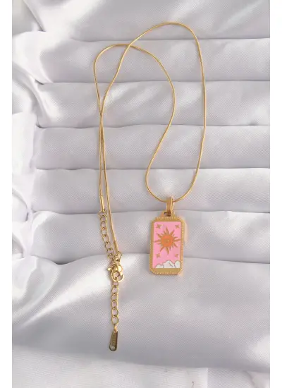 316L Çelik Gold Renk Pembe Mineli Güneş Model Tarot Kolye - Tj-Bko9029