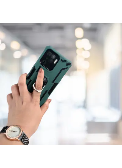 Oppo Reno 5 Lite Yüzüklü Standlı Tank Kılıf  (Armor Mılıtary Case)  Yeşil