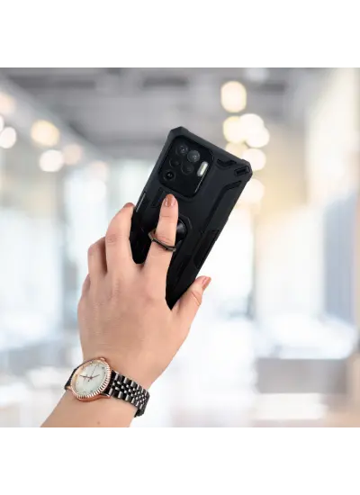 Oppo Reno 5 Lite Yüzüklü Standlı Tank Kılıf  (Armor Mılıtary Case)  Siyah