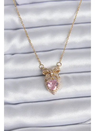 316L Çelik Gold Zincir Pembe Kristal Kalp Model Zirkon Taşlı Kurdele Model Kadın Kolye - Tj-Bko7745