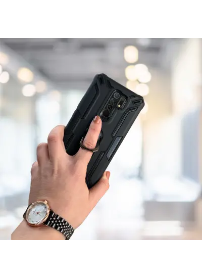 Xiaomi Redmi 9 Yüzüklü Standlı Tank Kılıf  (Armor Mılıtary Case)  Siyah