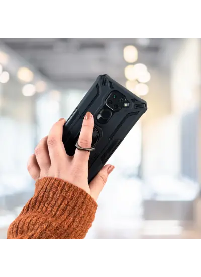 Xiaomi Redmi Note 9 Yüzüklü Standlı Tank Kılıf  (Armor Mılıtary Case)  Siyah