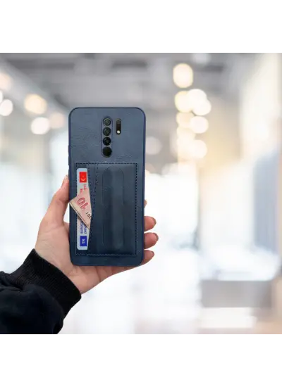 Xiaomi Redmi 9 Kartlıklı Standlı  Lüx Deri Kılıf Lacivert