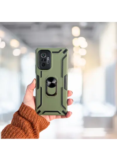 Xiaomi Redmi Note 10 Pro 4G Yüzüklü Standlı Tank Kılıf  (Armor Mılıtary Case)  Koyu Yeşil