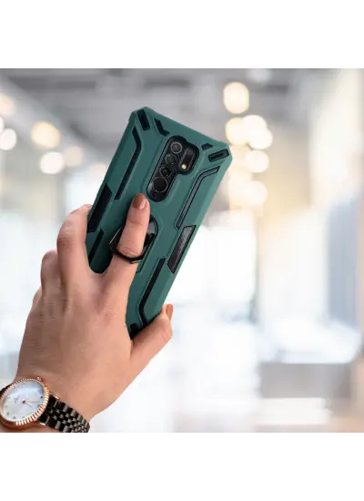 Xiaomi Redmi 9 Yüzüklü Standlı Tank Kılıf  (Armor Mılıtary Case)  Yeşil