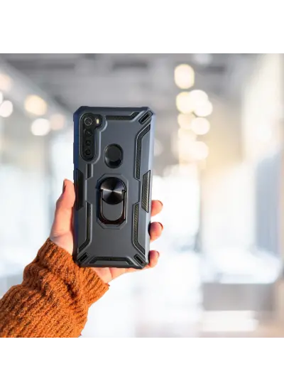 Xiaomi Redmi Note 8 Yüzüklü Standlı Tank Kılıf  (Armor Mılıtary Case)  Lacivert