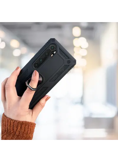 Xiaomi Mi Note 10 Lite Yüzüklü Standlı Tank Kılıf  (Armor Mılıtary Case)  Siyah