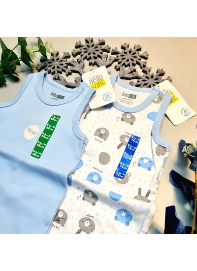 Erkek Bebek Mavi  Hello Baby Yazlık Kolsuz Çıtçtıtlı Body Tulum 2 Adet