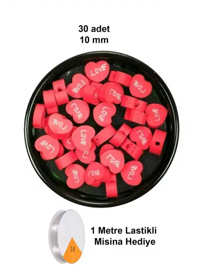 30 Adet 10 mm Polimer Kil Fimo Boncuk Takı Bileklik + 1 Metre Lastikli Misina Hediye - Kalp Love