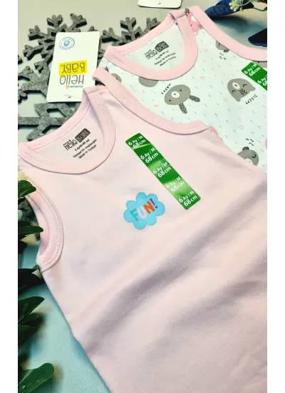 Kız Bebek Pembe  Hello Baby Yazlık Kolsuz Çıtçtıtlı Body Tulum 2 Adet