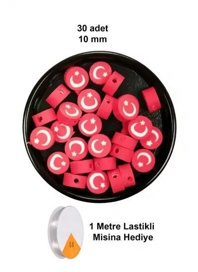 30 Adet 10 mm Polimer Kil Fimo Boncuk Takı Bileklik + 1 Metre Lastikli Misina Hediye - Türk Bayrağı