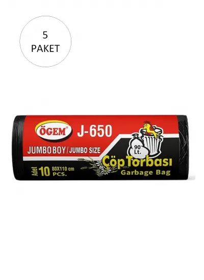 J-650 Jumbo Boy Çöp Torbası 80 x 110 cm 10 Lu Rulo x 5 Paket = 50 Adet (Siyah)