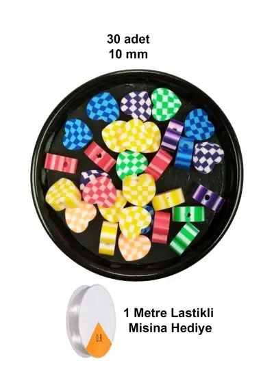 30 Adet 10 mm Polimer Kil Fimo Boncuk Takı Bileklik + 1 Metre Lastikli Misina Hediye - Desenli Kalp