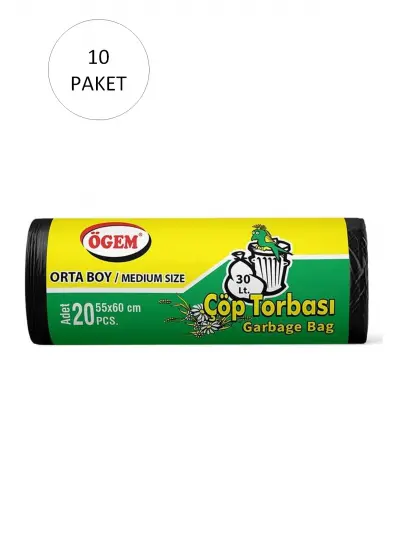 Orta Boy Çöp Torbası 55 x 60 cm 20 Li Rulo x 10 Paket = 200 Adet (Siyah)