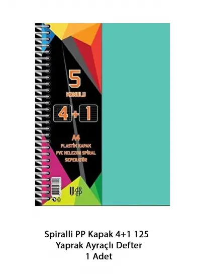 Spiralli PP Kapak 4+1 125  Yaprak Ayraçlı Defter