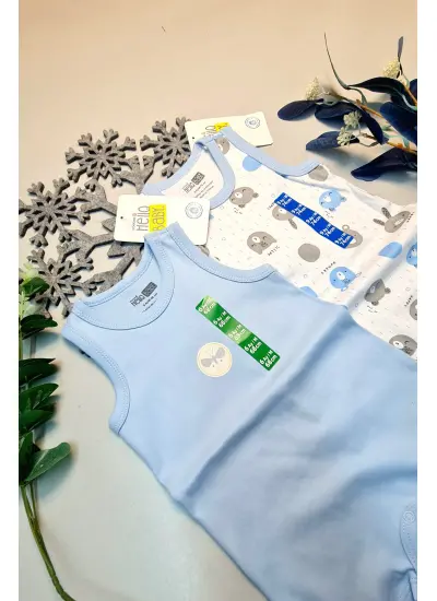 Erkek Bebek Mavi  Hello Baby Yazlık Kolsuz Çıtçtıtlı Body Tulum 2 Adet