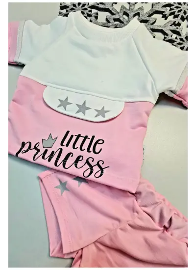 Yazlık Mini Şort Kısa Kol Kız Bebek Takım Little Princess Pembe