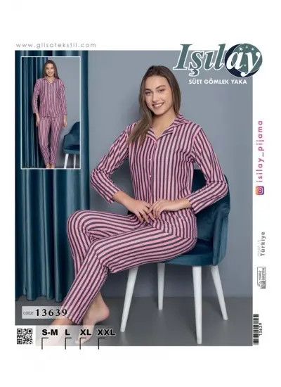 Süet Gömlek Yaka Pijama Takım